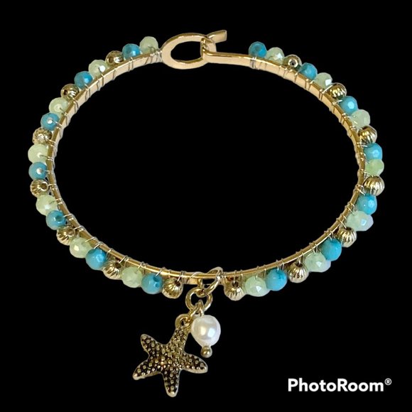 Aqua Bead Pearl Starfish Bangle Bracelet Gold Tone Plated Freshwater Sea Life - Picture 2 of 12
